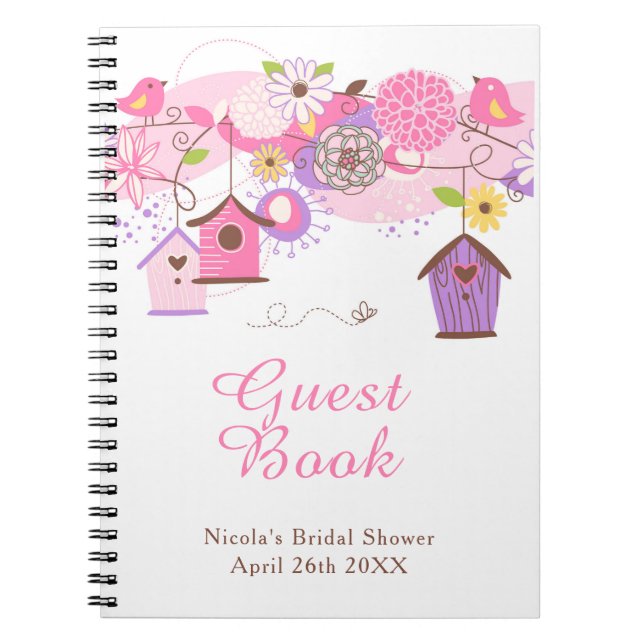 Caderno Espiral Pink and Purple Floral Bird Houses Bridal Shower (Frente)