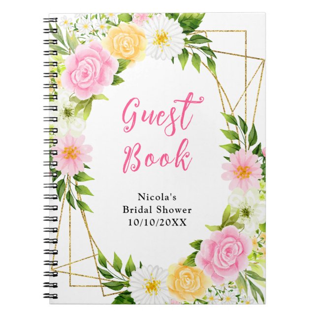Caderno Espiral Pink and Yellow Flowers Bridal Shower Guest Book (Frente)