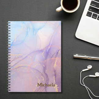 Caderno Espiral Pink Blue Gold Glitter Marble Name 