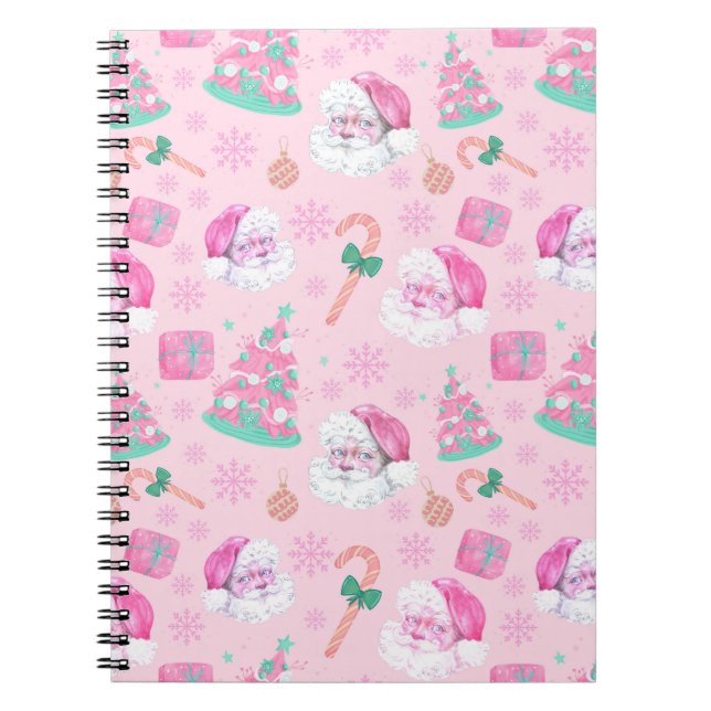 Caderno Espiral Pink Christmas Santa Clau & Tree Seamless Pattern (Frente)