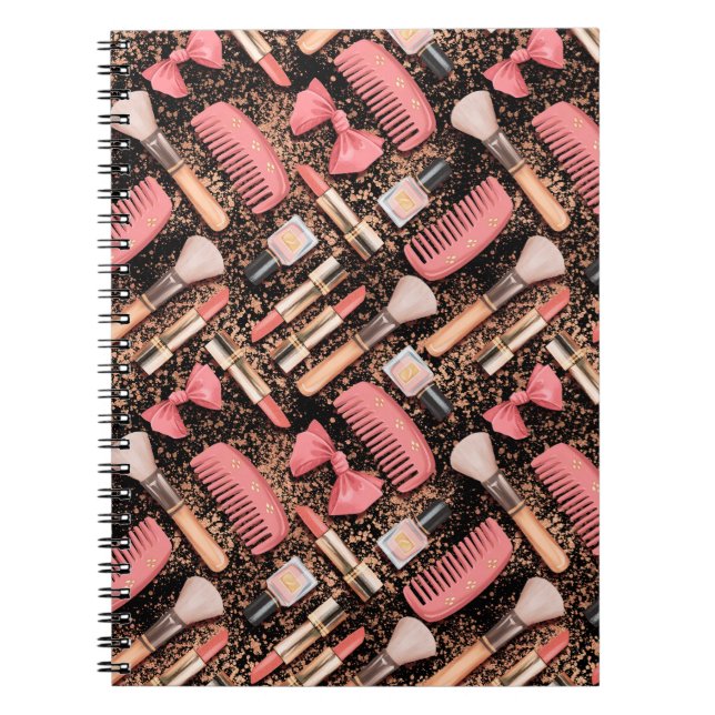Caderno Espiral Pink Cosmetics Pattern Glitter  (Frente)