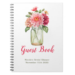 Caderno Espiral Pink Dahlias Mason Jar Bridal Shower Guest Book