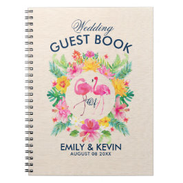 Caderno Espiral Pink Flamingos Tropical Wreath Weding Guestbook