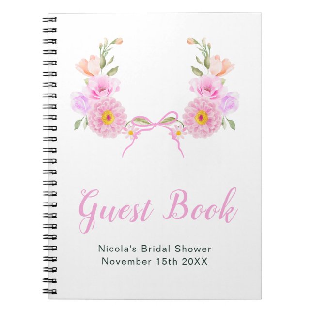 Caderno Espiral Pink Floral Ribbon Bridal Shower Guest Book (Frente)