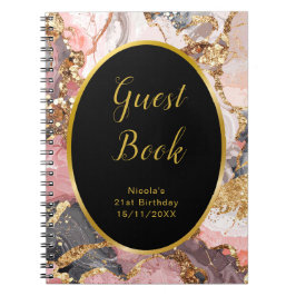 Caderno Espiral Pink, Gray and Gold Marble Birthday Guest Book