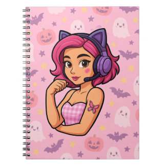 Caderno Espiral Pink Halloween Gamer Girl Notebook | Kawaii Ghosts
