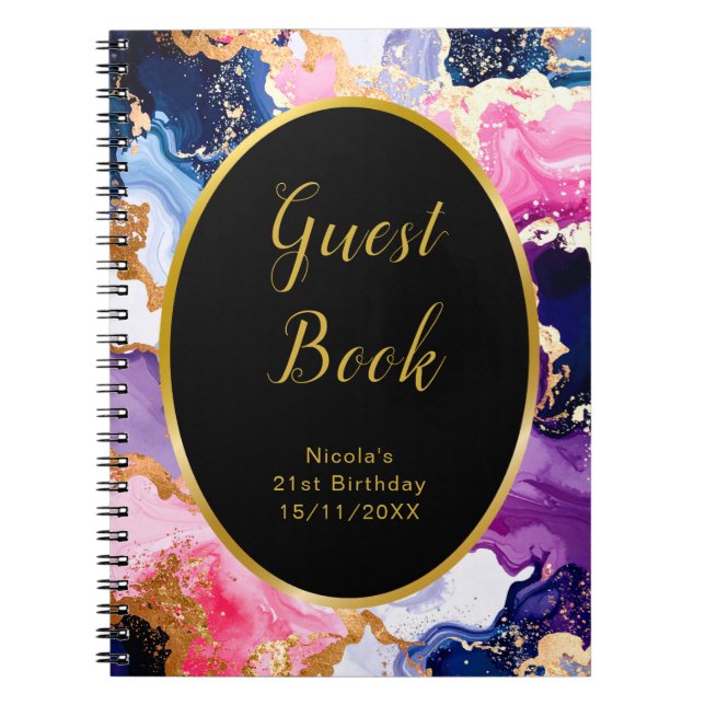 Caderno Espiral Pink, Navy Blue and Gold Ink Birthday Guest Book (Frente)