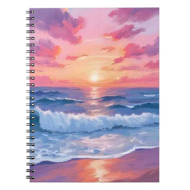 Caderno Espiral Pink Ocean Waves Sunset Watercolor (Frente)