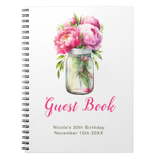 Caderno Espiral Pink Peonies Mason Jar Birthday Party Guest Book (Frente)