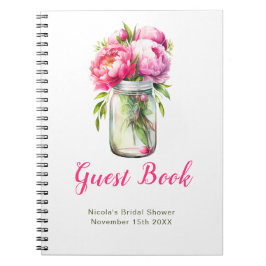 Caderno Espiral Pink Peonies Mason Jar Bridal Shower Guest Book