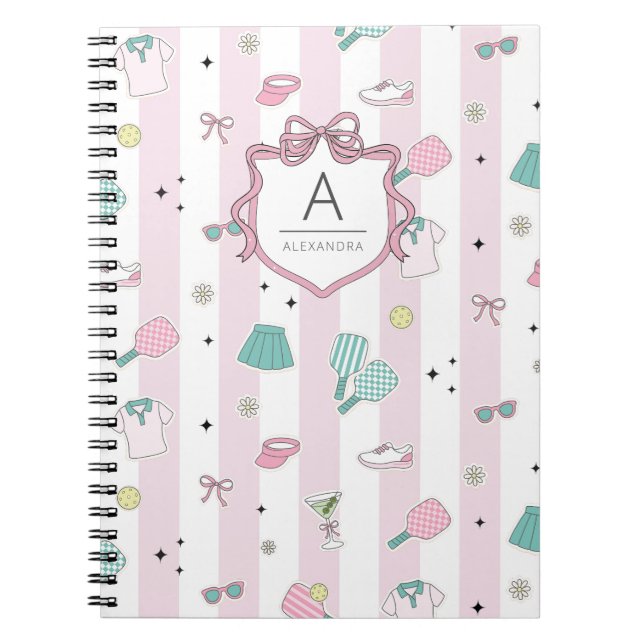 Caderno Espiral Pink Pickleball Preppy Monogram Print (Frente)
