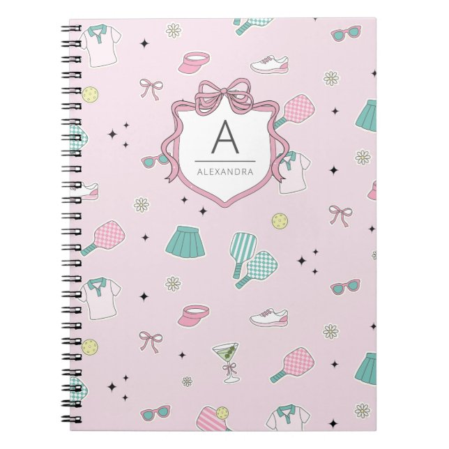 Caderno Espiral Pink Pickleball Preppy Monogram Print (Frente)