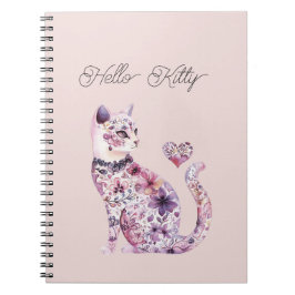 Caderno Espiral Pink Purple Blush Flowers Heart Love Cat 