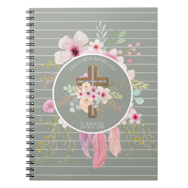 Caderno Espiral Pink Sage Floral Cross BAUTIZO Baptism Bautismo (Frente)