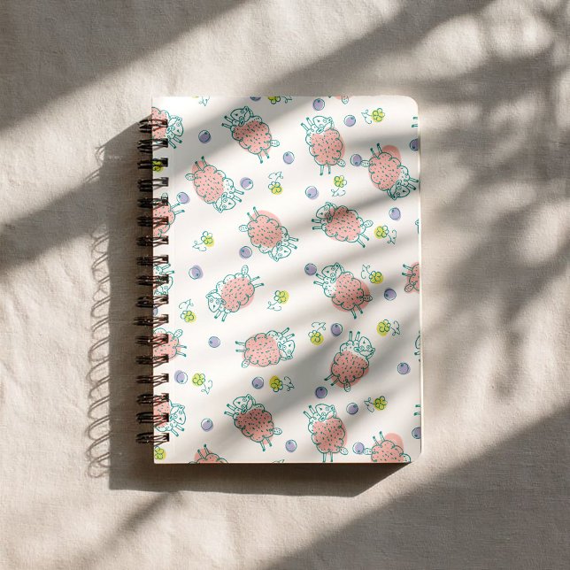 Caderno Espiral Pink Sheep with Flowers & Berries - Cute Pattern (Criador carregado)