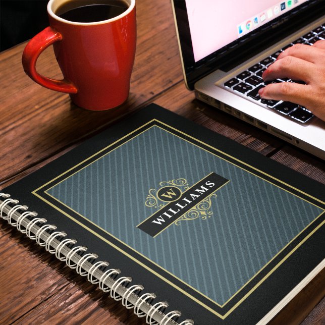 Caderno Espiral Pinstripe Dourada Elegante Monograma (Criador carregado)