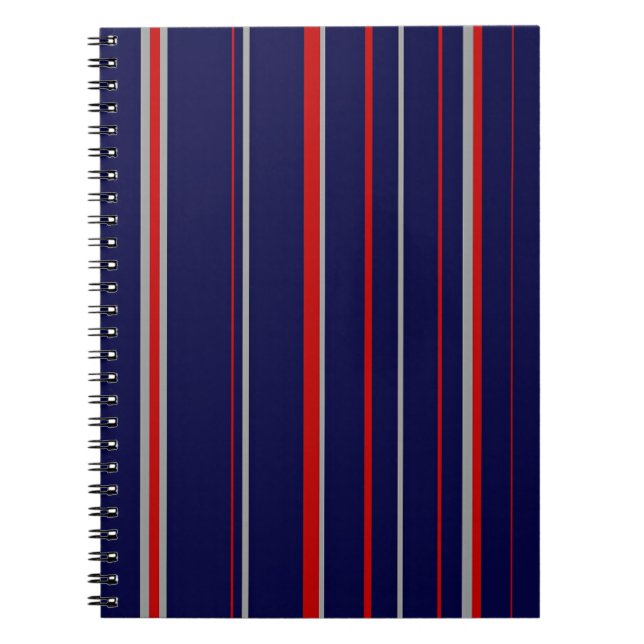 Caderno Espiral Pinstripes, cores vermelhas, marinho, cinzas (Frente)