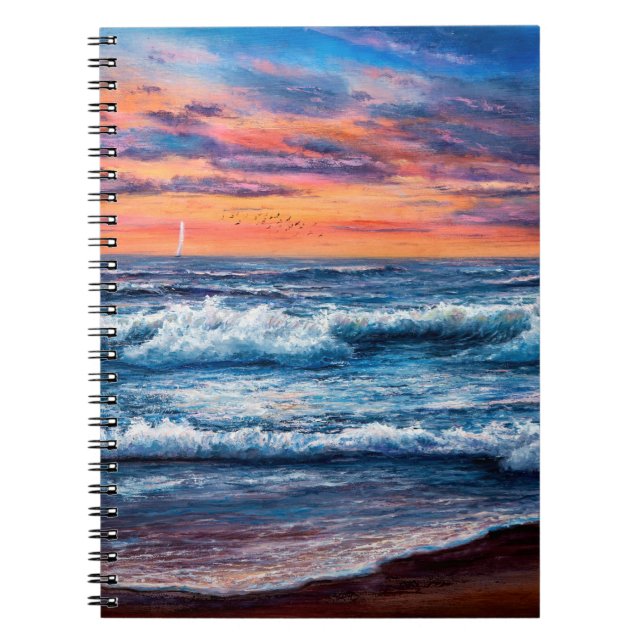 Caderno Espiral pintura a óleo de Oceano e praia na canvas. G rico (Frente)