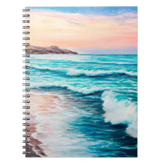 Caderno Espiral pintura a óleo do lindo pôr do sol roxo sobre o oc