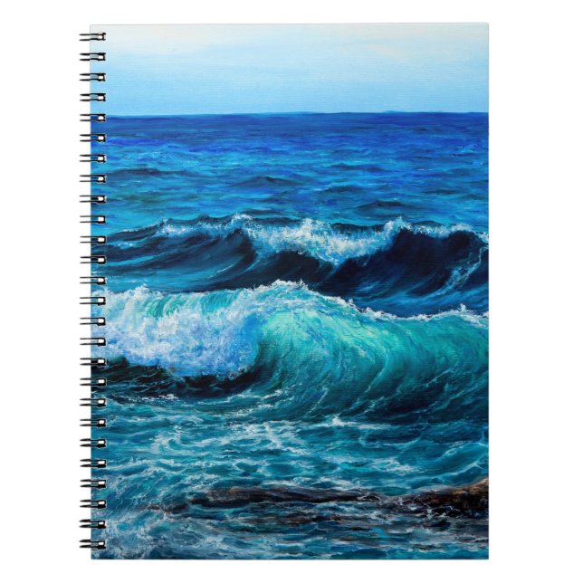 Caderno Espiral Pintura a óleo mostrando ondas no oceano ou no mar (Frente)