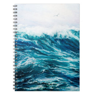Caderno Espiral pintura a óleo mostrando ondas no oceano ou no mar