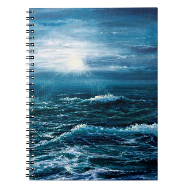 Caderno Espiral pintura a óleo mostrando ondas no oceano ou no mar (Frente)