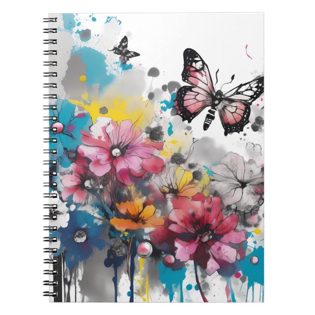 Caderno Espiral Pintura a Tinta Flores Boho (Frente)