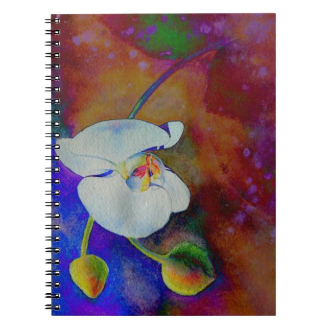 Caderno Espiral Pintura aquosa de orquídea branca havaiana (Frente)