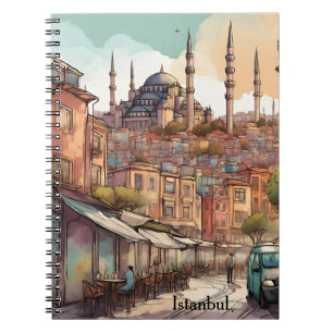 Caderno Espiral Pintura Colorida da Cidade de Istambul aquarela
