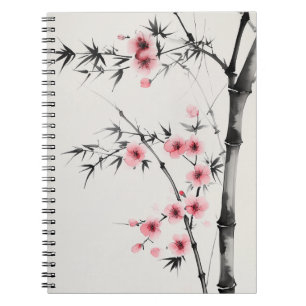 Caderno Espiral Pintura da floração de bambu e cereja na lavagem