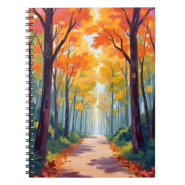 Caderno Espiral Pintura da Folhagem de Outono do Caminho de Outono (Frente)