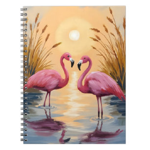 Caderno Espiral Pintura de Animais Pôr do Sol Flamingos Rosa