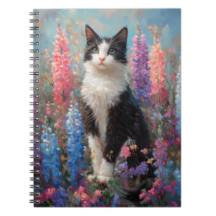 Caderno Espiral Pintura De Flores De Lupina Coloridas De Gato Tuxe