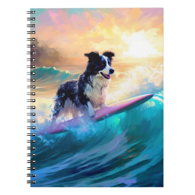 Caderno Espiral Pintura de Navegação na Praia de Border Collie (Frente)