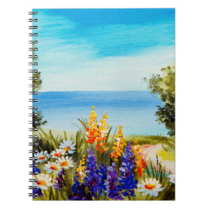Caderno Espiral pintura de óleo de flores perto do mar, campo de c