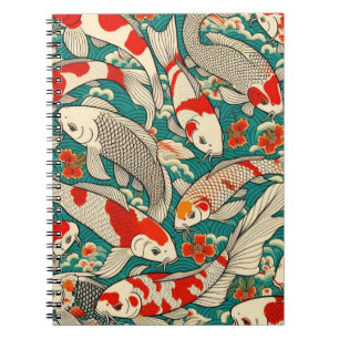 Caderno Espiral Pintura de padrão de peixe Koi japonês Vintage