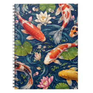 Caderno Espiral Pintura de padrão de peixes Koi japoneses vintage