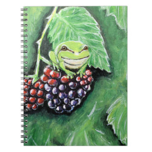 Caderno Espiral Pintura de Pequena Rã-arbórea em uma Amora