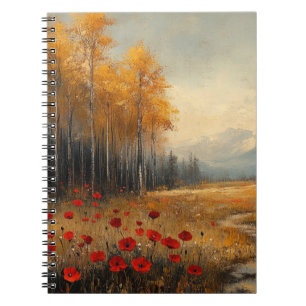 Caderno Espiral Pintura de Prado de Outono Vintage com Papoulas