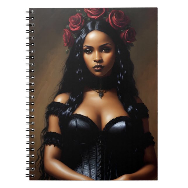 Caderno Espiral Pintura de Rosas vermelhas gótico Black Girl (Frente)