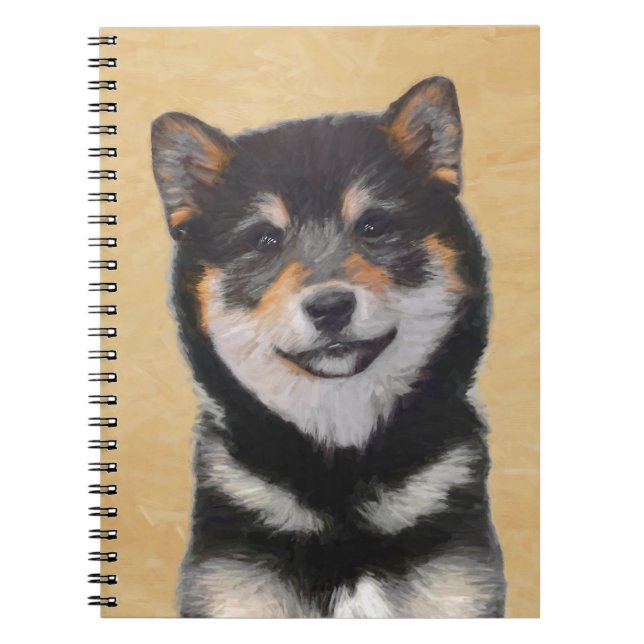 Caderno Espiral Pintura de Shiba Inu (Preto e Latão) - Arte Canina (Frente)
