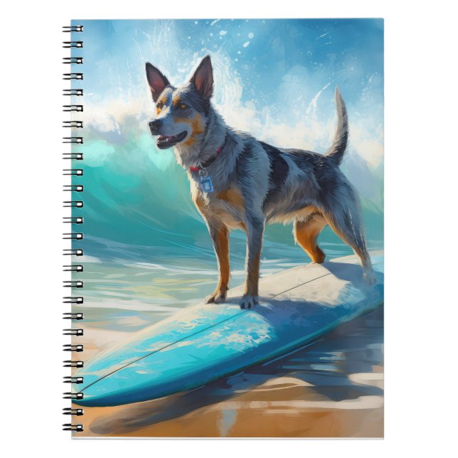 Caderno Espiral Pintura de Surfe em Praia Blue Heeler (Frente)