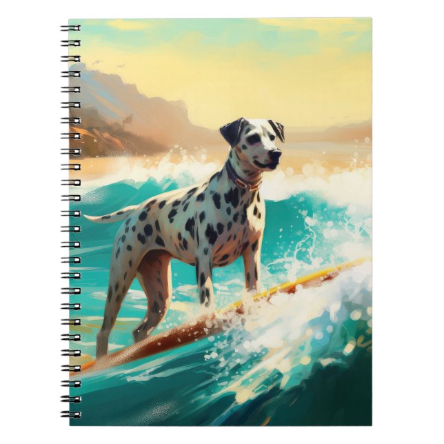 Caderno Espiral Pintura de surfe na praia Dalmation (Frente)