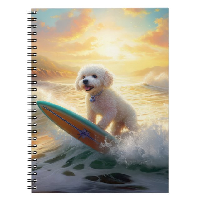 Caderno Espiral Pintura de surfe na praia de Bichon Frise (Frente)