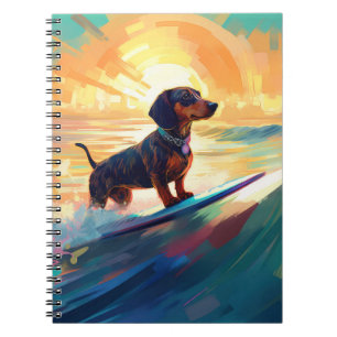 Caderno Espiral Pintura de Surfe na Praia de Dachshund