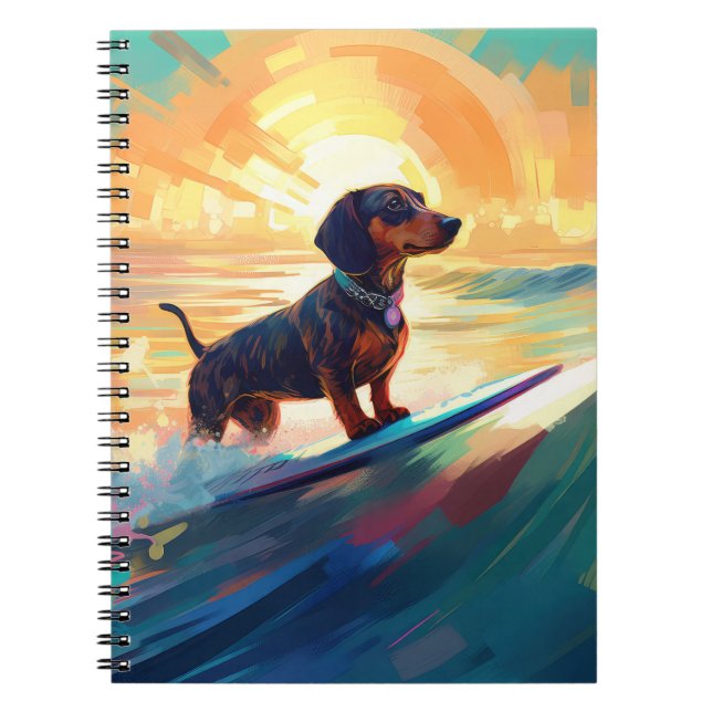Caderno Espiral Pintura de surfe na praia de Dachshund (Frente)