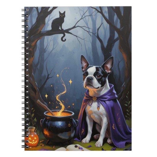 Caderno Espiral Pintura do Dia das Bruxas de Boston Terrier Dog (Frente)