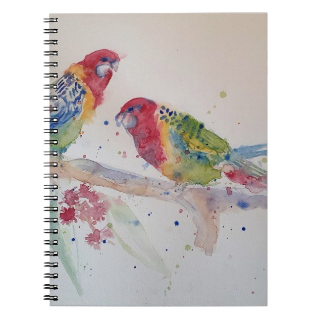Caderno Espiral Pintura em Aquarela de Papagaio Rosella Vermelho (Frente)