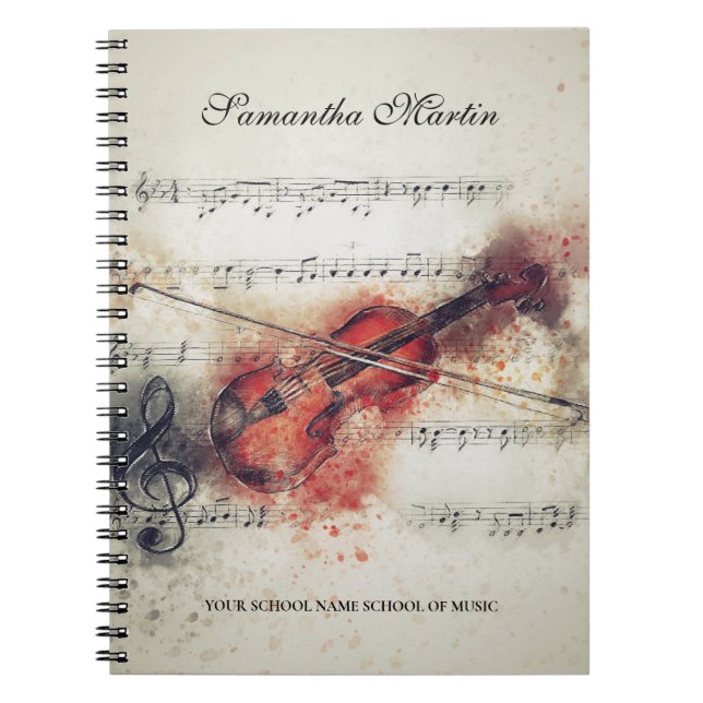 Caderno Espiral Pintura em Aquarela de Partitura de Violino (Frente)