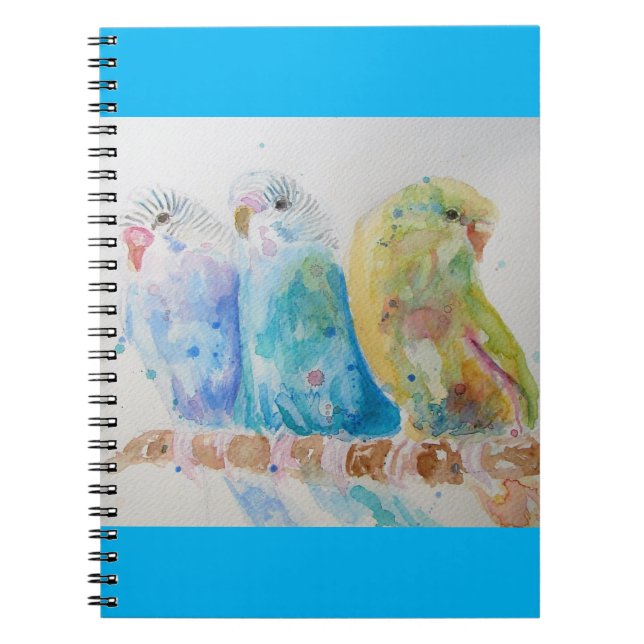 Caderno Espiral Pintura em aquarela de periquito ave Periquitos Aq (Frente)